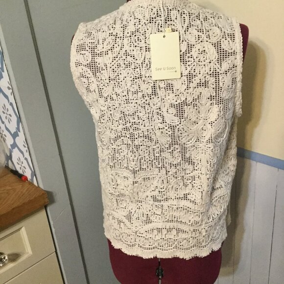 NWT See U Soon crochet lace button front vest in cream color one size L and 1 XL - Picture 5 of 8